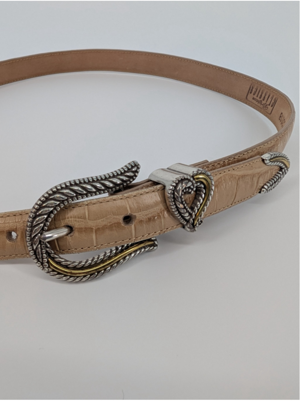 Vintage Brighton C3118 Beige Croc Embossed Leather Heart Buckle Belt L 34